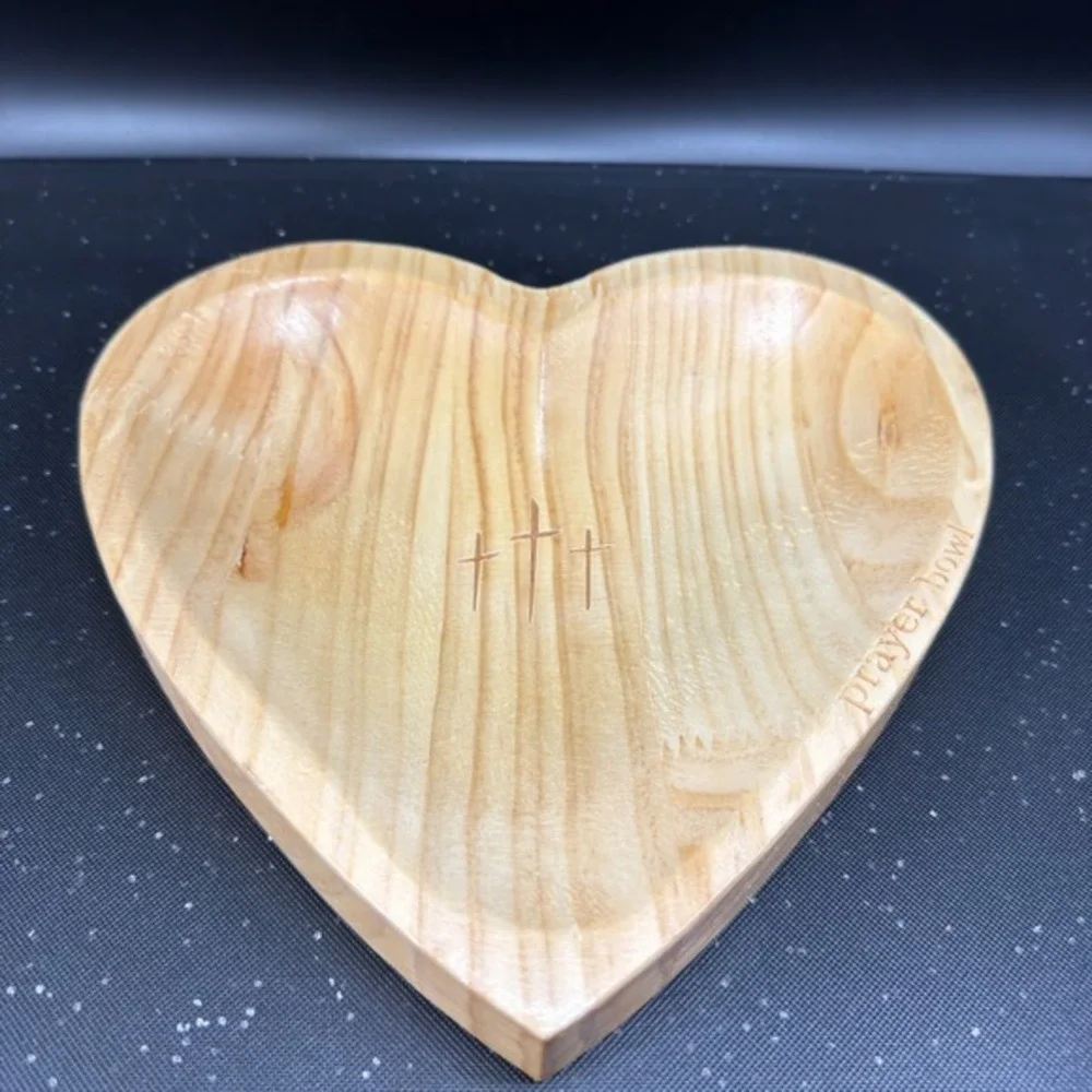 Handcrafted Heart Shaped Wooden Prayer Bowl with Engraved Crosses and Rim‎ Text